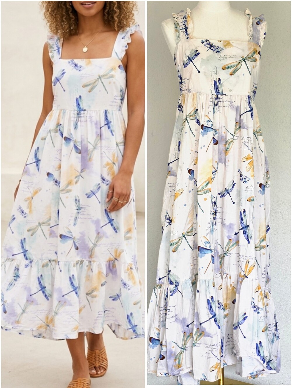 The Lazy Poet Mika Dragonfly Cotton Watercolor Tiered Maxi Dress Size M